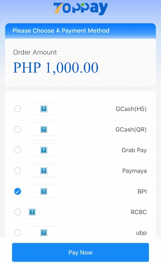 Step 3: New players in the Philippines please select a bank name and click the "Pay Now" button to move to the next step of payment.