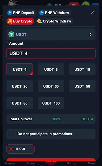 Step 2: Go to “Buy Crypto” and fill in the amount of USDT you want to pay.