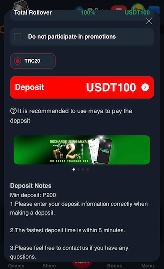 Step 3: Select the chain type as TRC20 and click on “Deposit”.