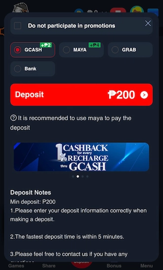 Step 3: Newbies, scroll down to see the list of payment methods and select GCash. Then click the "Deposit" button.