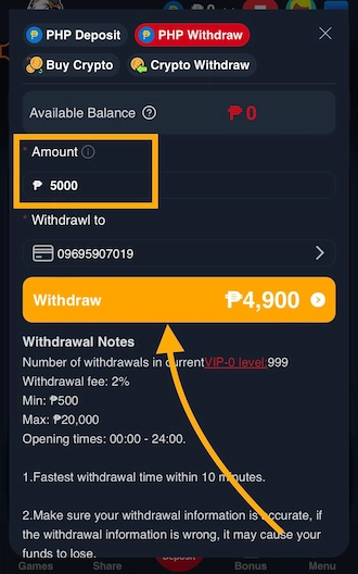 Step 4: Fill in the withdrawal amount & click "Withdraw" to complete.