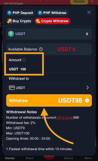 Step 4: Fill in the amount of USDT you want to withdraw. Then select "Withdraw" to complete this process.